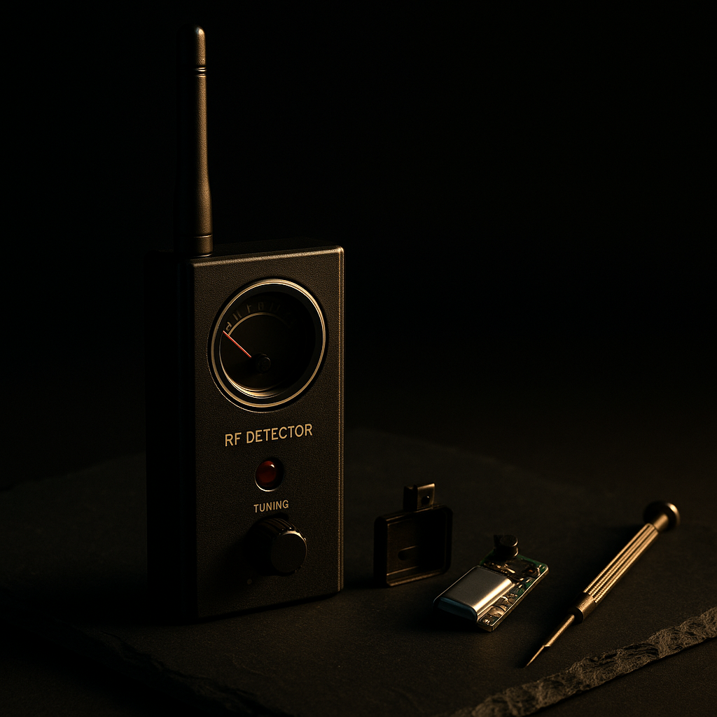 Handheld RF bug detector beside a disassembled covert listening device on dark slate