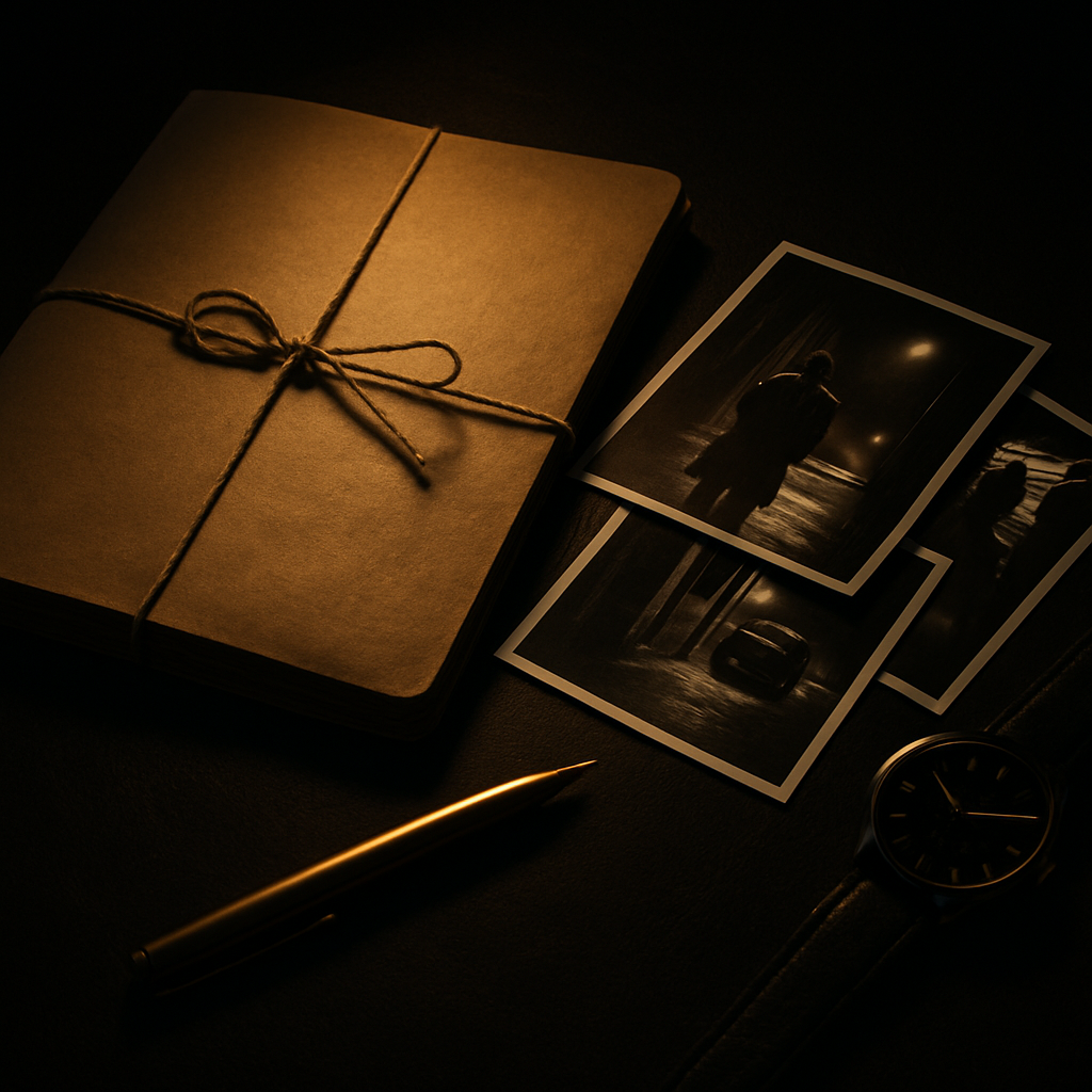Case-file dossier with black-and-white surveillance photographs fanned across a dark leather desk
