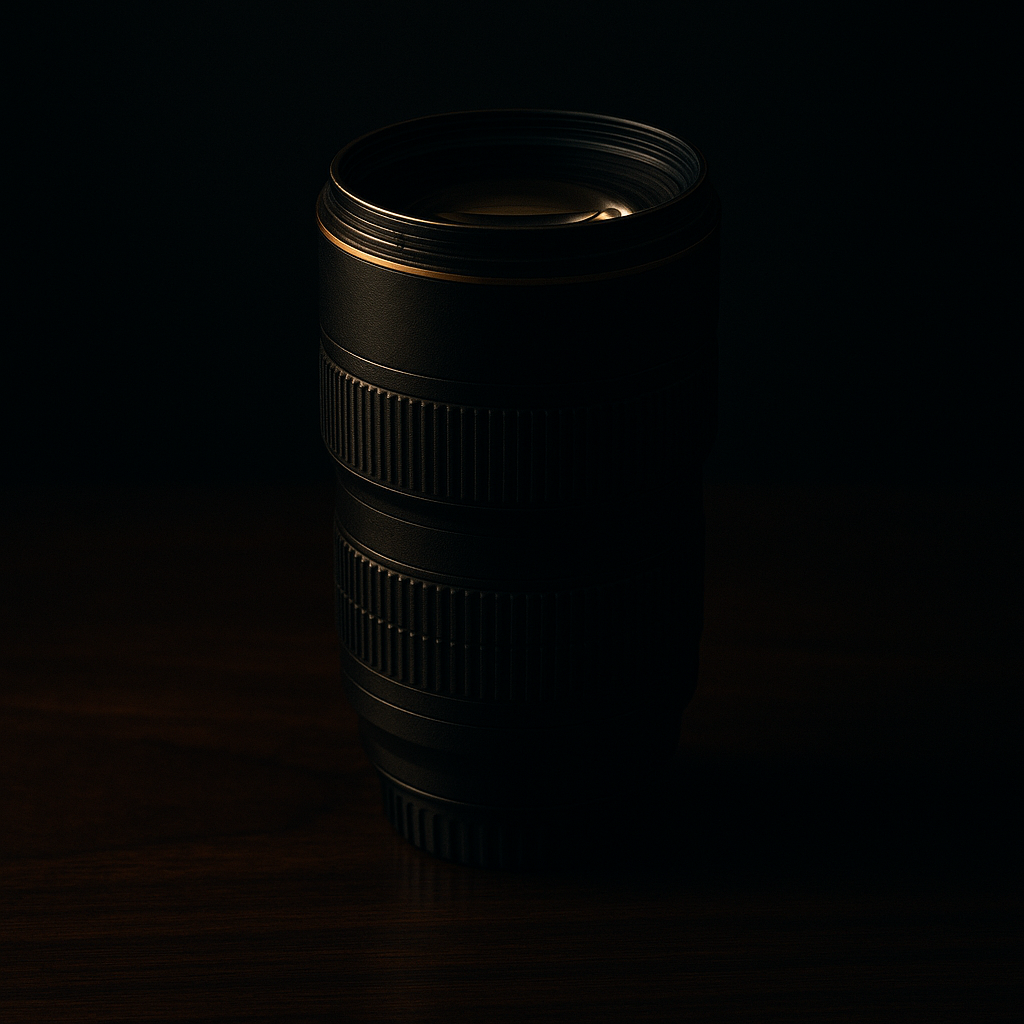 Professional telephoto camera lens lit with warm gold rim light against a dark background