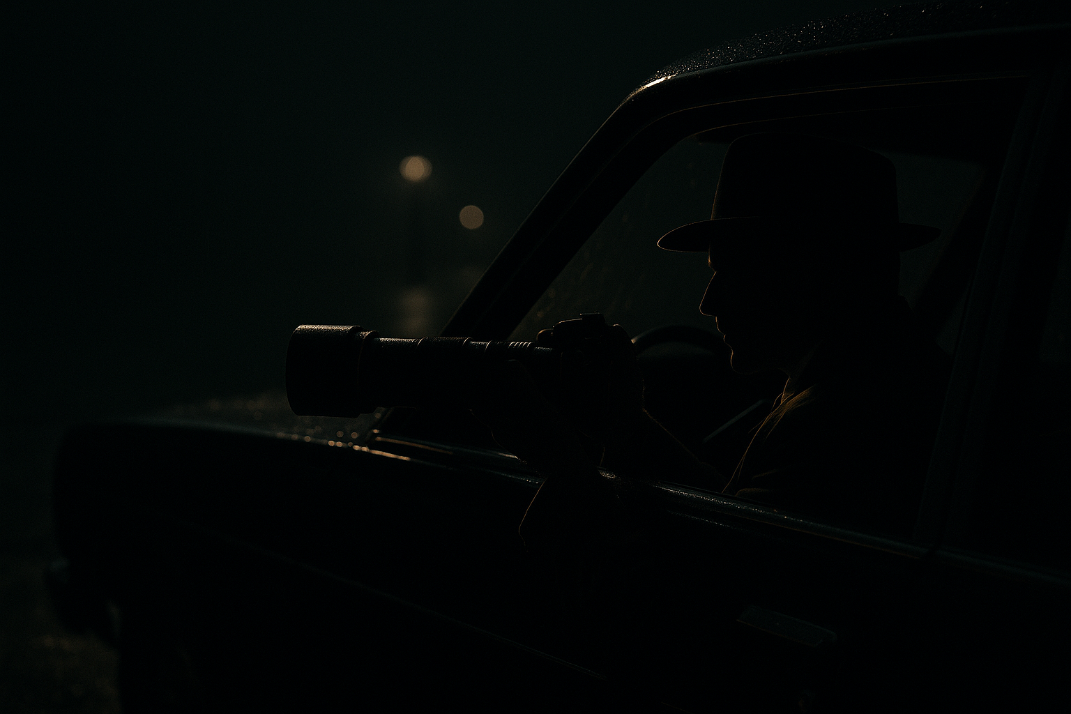 Private investigator on a night stakeout, aiming a telephoto camera from a parked car on a rain-slicked street