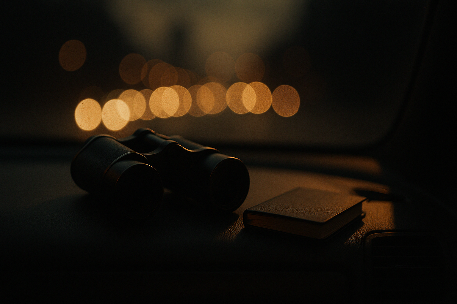Binoculars and a notebook on a car dashboard at dusk, city lights blurred through the windshield